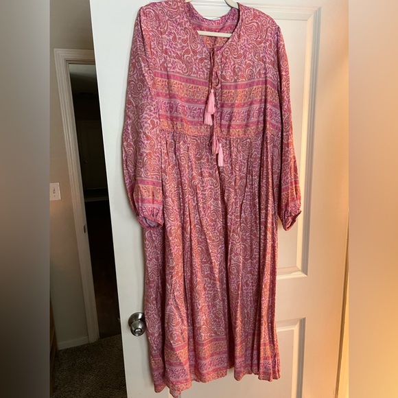 Long Sleeve BLUSH Floral Print Tassel Tie Top Bohemian Midi Dress - Picture 5 of 5